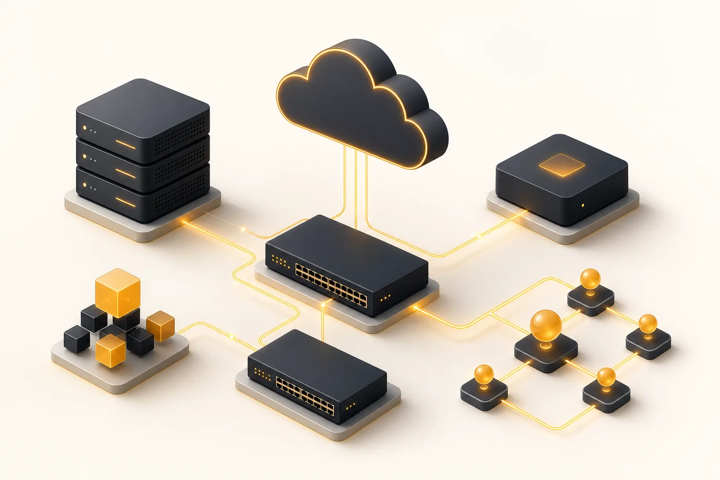 Illustration of the areas forming one shared IT infrastructure — servers, network, email, cloud, automation and software