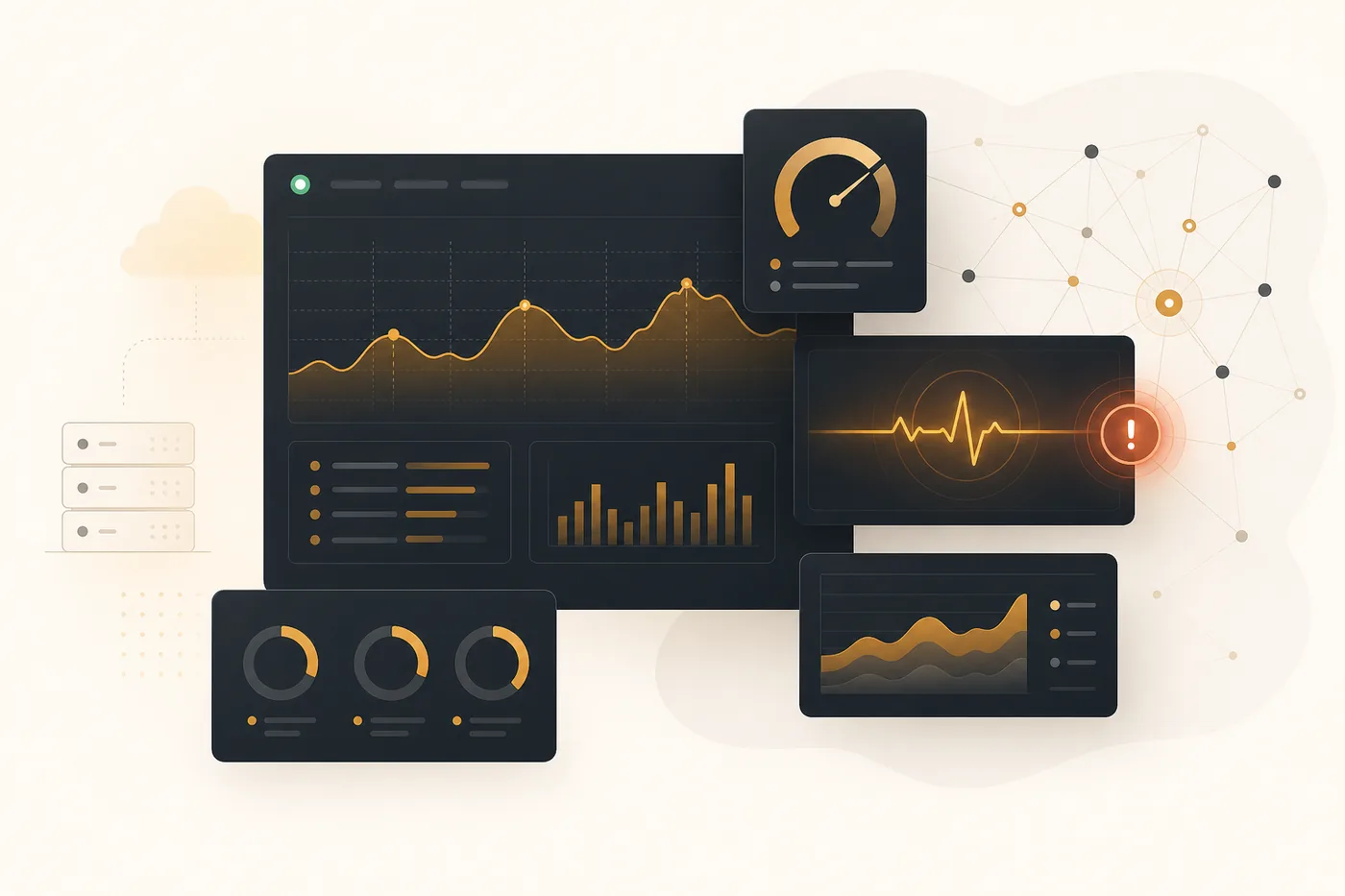 Illustration of infrastructure monitoring — dashboards with real-time metrics, charts and alerts
